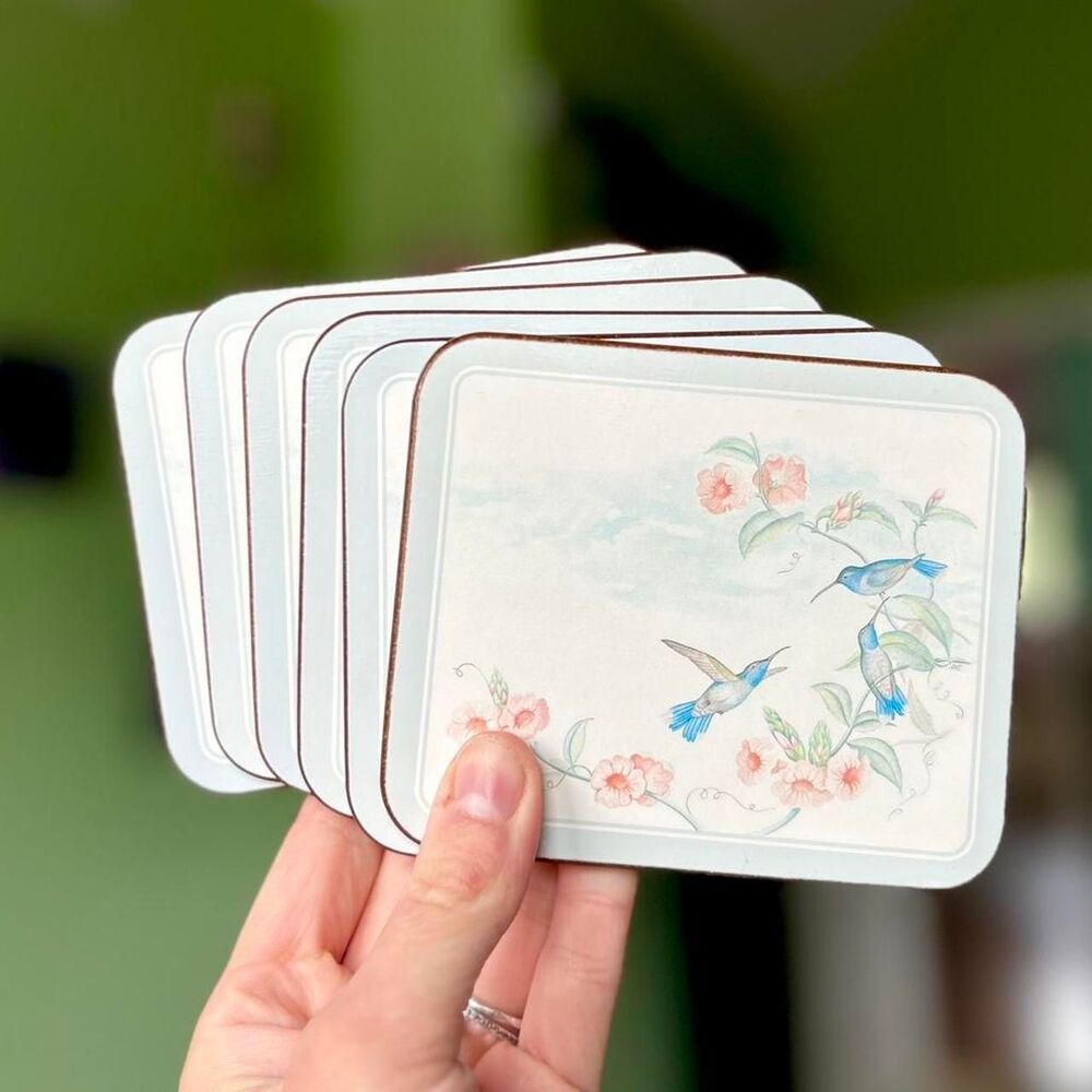 Dainty Pastel Colored Hummingbird Corked Back Coaster Set of 6